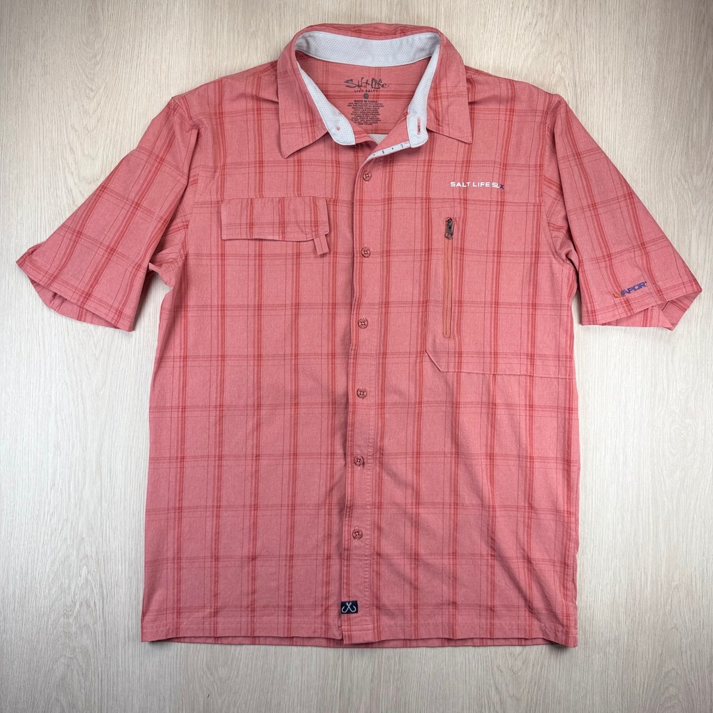 Salt Life SLX UVapor Fishing Shirt Mens Large Coral Red Plaid Vented Performance
